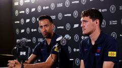 FORT LAUDERDALE, FLORIDA - JULY 18: Sergio Busquets (L) and Andreas Christensen of FC Barcelona field questions from the media during a press conference ahead of the friendly game against Inter Miami CF at DRV PNK Stadium on July 18, 2022 in Fort Lauderdale, Florida. (Photo by Michael Reaves/Getty Images)