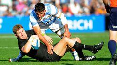 New Zealand's Jordie Barrett (Bottom) is tackled by Argentina's Pablo Matera (Top) during the Rugby Championship 2023 first round match between Argentina's Los Pumas and New Zealand's All Blacks at the Malvinas Argentinas stadium in Mendoza, Argentina, on July 8, 2023. (Photo by Andres Larrovere / AFP)