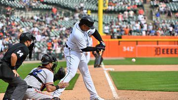 DETROIT, MI - APRIL 15: Detroit Tigers designated hitter Miguel Cabrera (24) singles to right field to drive in the winning run in the bottom of the eleventh inning during the Detroit Tigers versus the San Francisco Giants on Saturday April 15, 2023 at Comerica Park in Detroit, MI. (Photo by Steven King/Icon Sportswire via Getty Images)