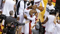 May 14, 2014; Miami, FL, USA; Miami Heat forward LeBron James (6) hugs Miami Heat guard Ray Allen (34) after the Heat defeated the Brooklyn Nets in game five of the second round of the 2014 NBA Playoffs at American Airlines Arena. The Heat won 96-94. Mandatory Credit: Robert Mayer-USA TODAY Sports