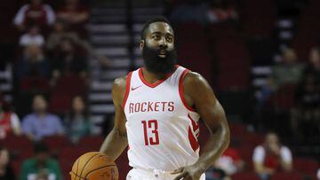 HOUSTON, TX - OCTOBER 05: James Harden #13 of Houston Rockets brings the ball down the court in the first half against the Shanghai Sharks at Toyota Center on October 5, 2017 in Houston, Texas. NOTE TO USER: User expressly acknowledges and agrees that, by downloading and or using this Photograph, user is consenting to the terms and conditions of the Getty Images License Agreement.   Tim Warner/Getty Images/AFP == FOR NEWSPAPERS, INTERNET, TELCOS &amp; TELEVISION USE ONLY ==
