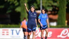 FLORENCE, ITALY - JUNE 13:  Italy Women head coach Milena Bertolini during a training session at Centro Tecnico Federale di Coverciano on June 13, 2022 in Florence, Italy.  (Photo by Valerio Pennicino/Getty Images)