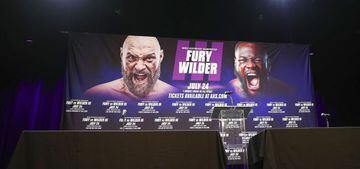 LOS ANGELES, CALIFORNIA - JUNE 15: Signage before the press conference for Tyson Fury and Deontay Wilder at The Novo by Microsoft at L.A. Live on June 15, 2021 in Los Angeles, California. Meg Oliphant/Getty Images/AFP  == FOR NEWSPAPERS, INTERNET, TELCOS 
