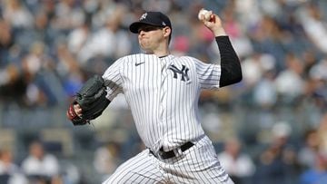 Jordan Montgomery of the New York Yankees pitches in the second inning against the Tampa Bay Rays at Yankee Stadium on October 02, 2021 in New York City.