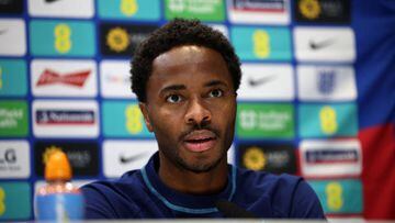 ENFIELD, ENGLAND - SEPTEMBER 25: Raheem Sterling of England speaks during a press conference following a training session at Tottenham Hotspur Training Centre on September 25, 2022 in Enfield, England. (Photo by Eddie Keogh - The FA/The FA via Getty Images)