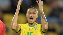 Brazil's Beatriz reacts during the Conmebol 2022 women's Copa America football tournament semifinal match against Paraguay at the Alfonso Lopez stadium in Bucaramanga, Colombia, on July 26, 2022. (Photo by Raul ARBOLEDA / AFP) (Photo by RAUL ARBOLEDA/AFP via Getty Images)