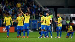 PORTO ALEGRE, BRAZIL - JUNE 27: Lucas Paqueta of Brazil and teammates celebrate a penalty during the shootout after the Copa America Brazil 2019 quarterfinal match between Brazil and Paraguay at Arena do Gremio on June 27, 2019 in Porto Alegre, Brazil. (P