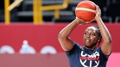 USA&#039;s basketball player Tina Charles attends a training session during the Tokyo 2020 Olympic Games at the Saitama Super Arena in Saitama on July 24, 2021. (Photo by Thomas COEX / AFP)