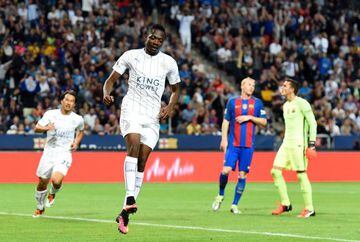 Leicester's Nigerian forward Ahmed Musa celebrates after scoring a goal during the 2016 International Champions Cup friendly football match between FC Barcelona and Leicester City