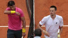 Rafa Nadal y Robin Soderling dejan la pista tras la victoria del sueco ante el espa&ntilde;ol en Roland Garros de 2009.