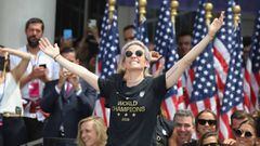 NEW YORK, NEW YORK - JULY 10: Megan Rapinoe and members of the United States Women&#039;s National Soccer Team are honored at a ceremony at City Hall on July 10, 2019 in New York City. The honor followed a ticker tape parade up lower Manhattan&#039;s &quot;Canyon of Heroes&quot; to celebrate their gold medal victory in the 2019 Women&#039;s World Cup in France. (Photo by Bruce Bennett/Getty Images)