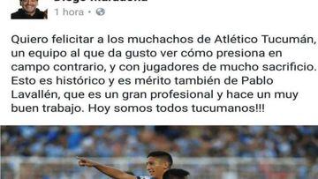Maradona felicitó a los jugadores de Atlético Tucumán por su clasificación.