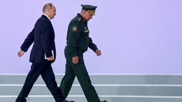 Russian President Vladimir Putin and Defence Minister Sergei Shoigu attend a ceremony opening the international military-technical forum Army-2022 at Patriot Congress and Exhibition Centre in the Moscow region, Russia August 15, 2022. REUTERS/Maxim Shemetov