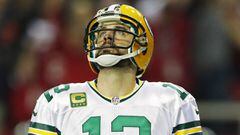 ATLANTA, GA - JANUARY 22: Aaron Rodgers #12 of the Green Bay Packers reacts during the second quarter against the Atlanta Falcons in the NFC Championship Game at the Georgia Dome on January 22, 2017 in Atlanta, Georgia.   Streeter Lecka/Getty Images/AFP == FOR NEWSPAPERS, INTERNET, TELCOS &amp; TELEVISION USE ONLY ==