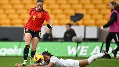 WOLVERHAMPTON, ENGLAND - FEBRUARY 23: Jayde Riviere of Canada is challenged by Athenea Del Castillo of Spain leading to an injury during the Arnold Clark Cup match between Spain and Canada at Molineux on February 23, 2022 in Wolverhampton, England. (Photo