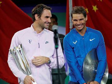 Tennis - Shanghai Masters tennis tournament - Men&#039;s singles final - Shanghai, China - October 15, 2017 - Winner Roger Federer of Switzerland and Rafael Nadal of Spain after the match. REUTERS/Aly Song