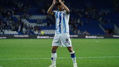 Real Sociedad's Japanese forward #14 Takefusa Kubo gestures at the end of the Spanish Liga football match between Real Sociedad and Athletic Club Bilbao at the Anoeta stadium in San Sebastian on September 30, 2023. (Photo by CESAR MANSO / AFP)