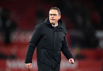 Soccer Football - Premier League - Manchester United v Brighton & Hove Albion - Old Trafford, Manchester, Britain - February 15, 2022 Manchester United interim manager Ralf Rangnick celebrates after the match REUTERS/Peter Powell