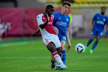 MONACO, MONACO - AUGUST 2:  (L-R) Eliot Matazo of AS Monaco, Guus Til of PSV 
 during the UEFA Champions League  match between AS Monaco v PSV at the Stade Louis II on August 2, 2022 in Monaco Monaco (Photo by Photo Prestige/Soccrates/Getty Images)