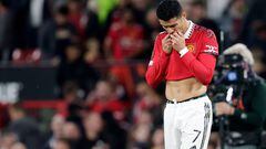 MANCHESTER, UNITED KINGDOM - SEPTEMBER 8: Cristiano Ronaldo of Manchester United disappointed   during the UEFA Europa League   match between Manchester United v Real Sociedad at the Old Trafford on September 8, 2022 in Manchester United Kingdom (Photo by David S. Bustamante/Soccrates/Getty Images)