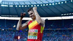 Spain&#039;s Bruno Hortelano reacts after the men&#039;s 200m semi-final race during the European Athletics Championships at the Olympic stadium in Berlin on August 8, 2018. (Photo by Tobias SCHWARZ / AFP)