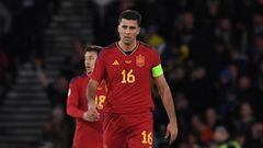 GLASGOW, SCOTLAND - MARCH 28: Spain's Rodri looks dejected during a UEFA Euro 2024 Qualifier between Scotland and Spain at Hampden Park, on March 28, 2023, in Glasgow, Scotland. (Photo by Craig Foy/SNS Group via Getty Images)