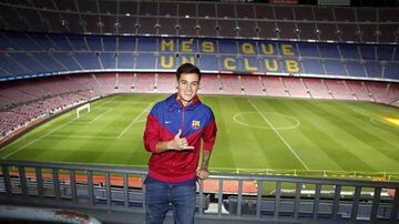 Philippe Coutinho after signing with Barcelona at the Camp Nou.