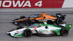 Jul 18, 2020; Newton, Iowa, USA; Indy Series driver Pato OxD5Ward (5) and driver Colton Herta (88) compete during the Iowa Indycar 250 at Iowa Speedway. Mandatory Credit: Mike Dinovo-USA TODAY Sports