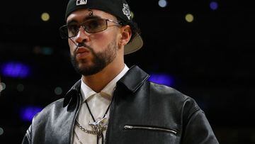 LOS ANGELES, CALIFORNIA - MAY 12: Rapper Bad Bunny walks courtside during the game between the Golden State Warriors and the Los Angeles Lakers in game six of the Western Conference Semifinal Playoffs at Crypto.com Arena on May 12, 2023 in Los Angeles, California. NOTE TO USER: User expressly acknowledges and agrees that, by downloading and or using this photograph, User is consenting to the terms and conditions of the Getty Images License Agreement. (Photo by Harry How/Getty Images)