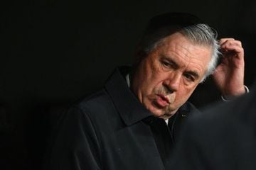 Real Madrid's Italian coach Carlo Ancelotti is pictured before the Spanish league football match between Real Madrid CF and Valencia CF at the Santiago Bernabeu stadium in Madrid on January 8, 2022. (Photo by GABRIEL BOUYS / AFP)