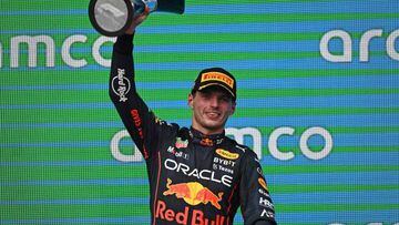 Red Bull Racing's Dutch driver Max Verstappen celebrates on the podium after winning the Formula One United States Grand Prix, at the Circuit of the Americas in Austin, Texas, on October 23, 2022. (Photo by Patrick T. FALLON / AFP) (Photo by PATRICK T. FALLON/AFP via Getty Images)