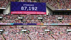 31 July 2022, Great Britain, London: Soccer, Women, European Championship 2022, England - Germany, Final, Wembley Stadium: The scoreboard shows the record attendance at a European Championship tournament of 87,192 spectators. Photo: Sebastian Christoph Gollnow/dpa (Photo by Sebastian Christoph Gollnow/picture alliance via Getty Images)