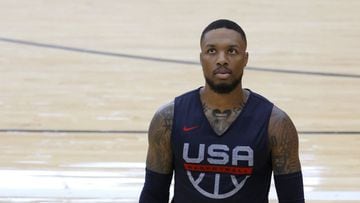 LAS VEGAS, NEVADA - JULY 06: Damian Lillard #6 of the 2021 USA Basketball Men&#039;s National Team practices at the Mendenhall Center at UNLV as the team gets ready for the Tokyo Olympics on July 6, 2021 in Las Vegas, Nevada.   Ethan Miller/Getty Images/A