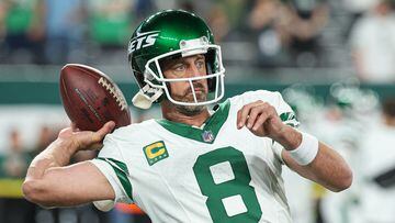 Sep 11, 2023; East Rutherford, New Jersey, USA; New York Jets quarterback Aaron Rodgers (8) warms up before the game against the Buffalo Bills at MetLife Stadium. Mandatory Credit: Vincent Carchietta-USA TODAY Sports