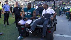 PHILADELPHIA, PA - SEPTEMBER 08: Malik Jackson #97 of the Philadelphia Eagles is carted off into the locker room in the fourth quarter against the Washington Redskins at Lincoln Financial Field on September 8, 2019 in Philadelphia, Pennsylvania. The Eagles defeated the Redskins 32-27.   Mitchell Leff/Getty Images/AFP == FOR NEWSPAPERS, INTERNET, TELCOS &amp; TELEVISION USE ONLY ==