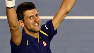 Novak Djokovic of Serbia celebrates his victory over Scot Andy Murray.
