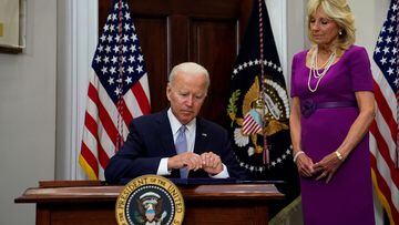 Joe Biden prepares to sign the Bipartisan Safer Communities Act into law from the Roosevelt Room at the White House, June 25, 2022.