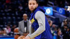 Stephen Curry de Golden State Warriors calentando antes del encuentro con Miami Heat en el Chase Center, California. Febrero 10, 2020.