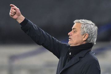 Tottenham Hotspur's Portuguese head coach Jose Mourinho reacts from the sidelines during the UEFA Europa League, last-32 first leg football match Wolfsberger AC v Tottenham Hotspur at the Puskas Arena in Budapest on February 18, 2021. (Photo by Attila KIS