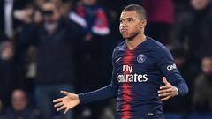Paris Saint-Germain&#039;s French forward Kylian MBappe celebrates after scoring a goal during the French L1 football match between Paris Saint-Germain (PSG) and Nantes (FCN) at the Parc des Princes stadium in Paris on December 23, 2018. (Photo by FRANCK 