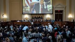 An image of former President Donald Trump is displayed during the third hearing of the House Select Committee to Investigate the January 6th Attack on the U.S. Capitol in the Cannon House Office Building, at Capitol Hill, in Washington, June 16, 2022.