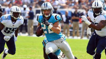 Aug 19, 2017; Nashville, TN, USA; Carolina Panthers running back Christian McCaffrey (22) runs for a touchdown during the first half against the Tennessee Titans at Nissan Stadium. Mandatory Credit: Christopher Hanewinckel-USA TODAY Sports