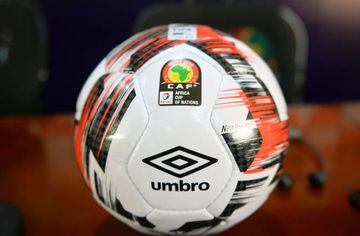 The official ball for the 2019 football Africa Cup of Nations (CAN) the Umbro Neo Pro is pictured during a press conference by Confederation of African Football (CAF) President on June 20, 2019 at the Cairo International Stadium in the Egyptian capital. (