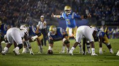 PASADENA, CA - NOVEMBER 11: Josh Rosen #3 and Jax Wacaser #53 of the UCLA Bruins line up at the line of scrimmage during the second half of a game against the Arizona State Sun Devils at the Rose Bowl on November 11, 2017 in Pasadena, California.   Sean M