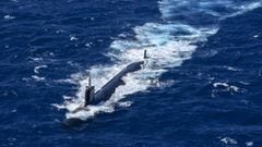 General view of a US nuclear submarine during military exercises 70 nautical miles (130 kilometers) off Cartagena, Colombia, on February 28, 2022. - Colombia and the United States began military exercises in the Caribbean on Monday, which included activit