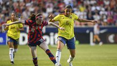 SANDY, UTAH - JUNE 28: Rose Lavelle #16 of the United States fights for the ball with Lorena Bedoya #5 of Colombia during a game at Rio Tinto Stadium on June 28, 2022 in Sandy, Utah.   Alex Goodlett/Getty Images/AFP
== FOR NEWSPAPERS, INTERNET, TELCOS & TELEVISION USE ONLY ==