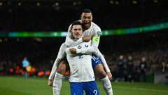 Dublin , Ireland - 27 March 2023; Benjamin Pavard of France, left, celebrates with team-mate Kylian Mbappé after scoring their side's first goal during the UEFA EURO 2024 Championship Qualifier match between Republic of Ireland and France at Aviva Stadium in Dublin. (Photo By Eóin Noonan/Sportsfile via Getty Images)