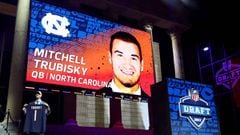 PHILADELPHIA, PA - APRIL 27: Mitchell Trubisky of North Carolina poses after being picked #2 overall by the Chicago Bears (from 49ers) during the first round of the 2017 NFL Draft at the Philadelphia Museum of Art on April 27, 2017 in Philadelphia, Pennsylvania.   Elsa/Getty Images/AFP == FOR NEWSPAPERS, INTERNET, TELCOS &amp; TELEVISION USE ONLY ==
