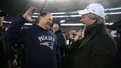 FOXBORO, MA - JANUARY 22: Head coach Bill Belichick of the New England Patriots (L) celebrates with Jon Bon Jovi after the Patriots defeated the Steelers 36-17 to win the AFC Championship Game at Gillette Stadium on January 22, 2017 in Foxboro, Massachusetts.   Patrick Smith/Getty Images/AFP == FOR NEWSPAPERS, INTERNET, TELCOS &amp; TELEVISION USE ONLY ==