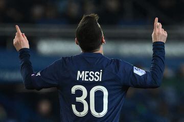 Lionel Messi celebrates after scoring against Nantes in March.